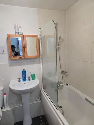 a bathroom with a sink and a shower at Charming Colchester Room with Garden Views in Colchester