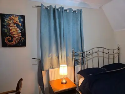 a bedroom with a bed and a blue curtain at Charming Colchester Room with Garden Views in Colchester