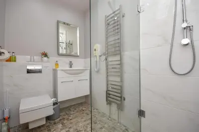 a bathroom with a shower and a toilet and a sink at The Barn in Little Maplestead