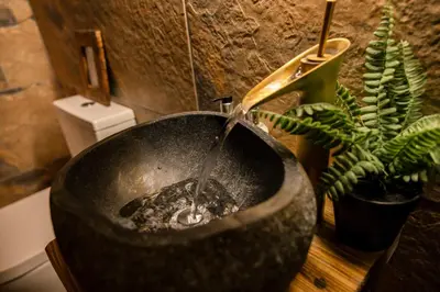 a stone bowl with a water fountain in a bathroom at Hollow Heath in Layer de la Haye