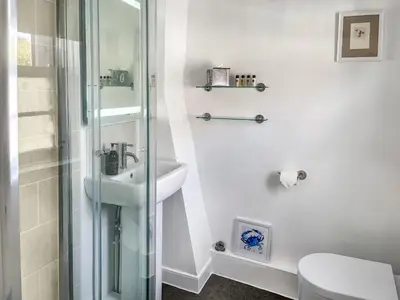 a bathroom with a shower and a sink and a toilet at Flock Cottage in Eye