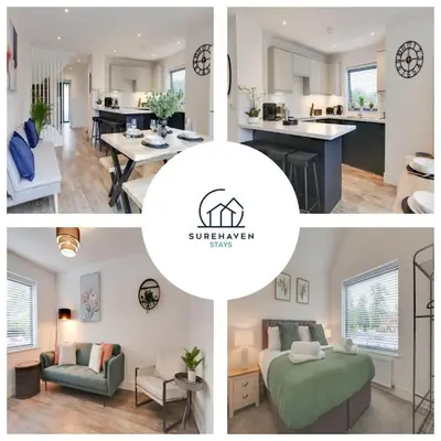 a collage of photos of a kitchen and a living room at Surehaven Stays 4 Bedroom House Braintree in Braintree