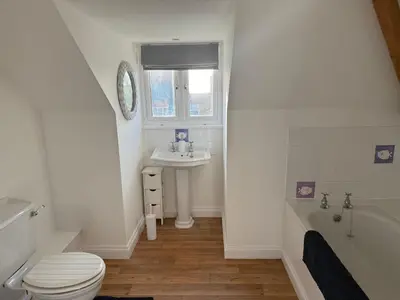 a bathroom with a toilet and a sink and a tub at Cottage on remote wild coast in Bawdsey