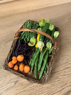 a basket filled with vegetables and oranges on a table at Entire flat 2 to 4 pers 1 bed 1 bath disabled access for limited disability