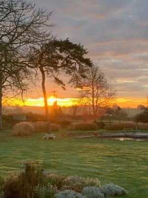 a sunset in a park with a tree and a bench at Entire flat 2 to 4 pers 1 bed 1 bath disabled access for limited disability