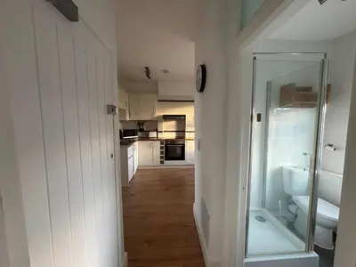 a bathroom with a walk in shower and a toilet at Digby House flat 1 in West Mersea
