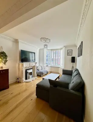 a living room with a couch and a fireplace at Three Bees in Hythe