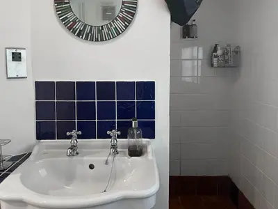 a bathroom with a white sink and a mirror at Hill House in Colchester