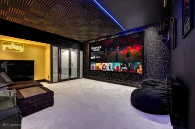 a room with a flat screen tv and a couch at Luv home with pool and cinema room