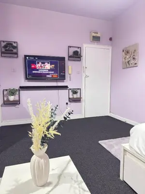 a living room with a tv and a vase on a table at The Lavender Stay by Cambridge City Centre in Chesterton