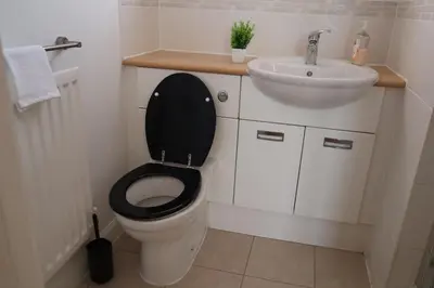 a bathroom with a black toilet and a sink at Duxford Haven in Duxford