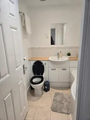 a bathroom with a black toilet and a sink at Duxford Haven in Duxford