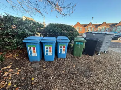 a group of three trash cans and three recycle bins at Canal Side Retreat in Maldon