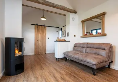 a living room with a couch and a fireplace at The Acorn - Roudham Norwich in Norwich