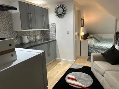a kitchen and living room with a couch and a bed at A Cosy and Luxurious Studioflat in Navestock