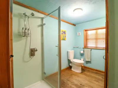 a bathroom with a shower and a toilet at The Old Cow Shed in Eye