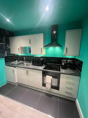 a kitchen with a stove and a sink and green walls at The Emerald Aura Stay By Cambridge Central Station in Cambridge