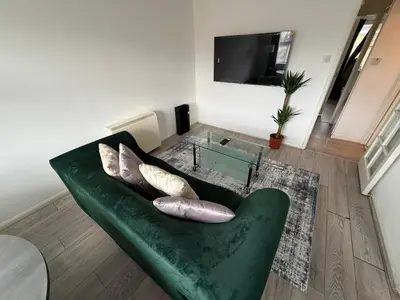 a green couch in a living room with a tv at BMC Serene Spacious 1BR Flat in Enfield