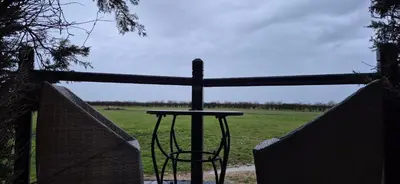 a table in front of a fence with a field at The Orchard's Nook Treehouse in Cottenham