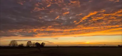 a person standing in a field at sunset at The Orchard's Nook Treehouse in Cottenham