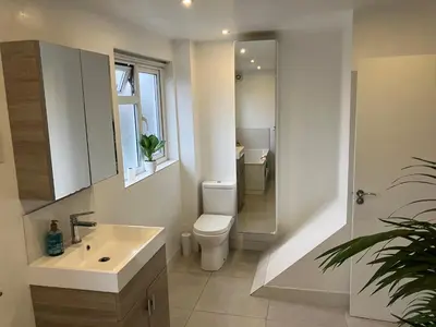 a bathroom with a toilet and a sink and a mirror at 4 De Vere Lane, Wivenhoe in Wivenhoe