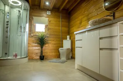 a bathroom with a shower and a toilet and a plant at Buzzards Retreat in Larling