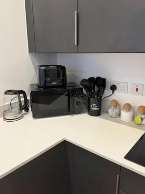 a kitchen with a counter top with a microwave at Luxury Modern Apartment in Central Chelmsford in Chelmsford