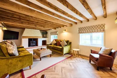 a living room with two couches and a fireplace at Host & Stay The Coral Cottage in Wymondham