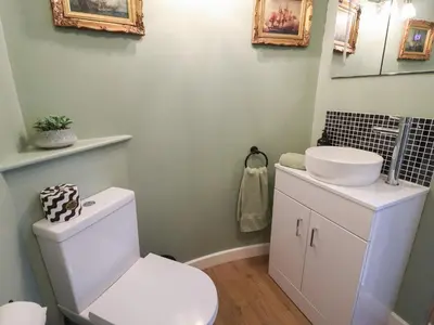 a bathroom with a white toilet and a sink at The Corn Silo in Ipswich