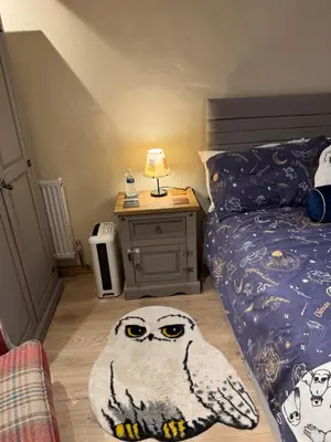 a bedroom with a bed and a table with a lamp at Cosy Flint Cottage in Thurston