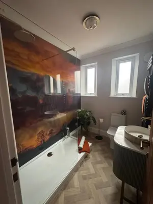 a bathroom with a large painting on the wall at Half Moon Nest - Refurbished throughout for 2026 in Diss