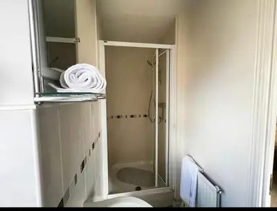 a bathroom with a shower and a toilet and a mirror at 4 Bedroom house, Parking, Wi-Fi, Near Town Centre in Ipswich