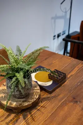 a plant sitting on a wooden table next to a coaster at Station View - Modern Flat Near Centre & Station in Cambridge