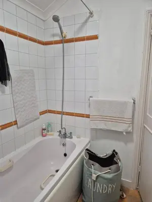 a bathroom with a tub and a shower and a basket at Stoke house in Ipswich
