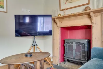 a living room with a fireplace and a tv at Winter Cottage, Clare in Clare