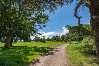 a dirt road through a field with trees at Gardeners Cottage by Group Retreats in Hadleigh