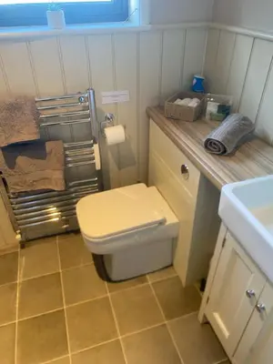 a small bathroom with a toilet and a sink at The Tack Room at Green Farm Lodge in Stowmarket