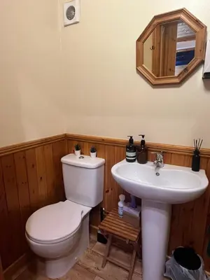 a bathroom with a toilet and a sink at Readers Cabin-Cosy Countryside Studio Cabin in Great Sampford