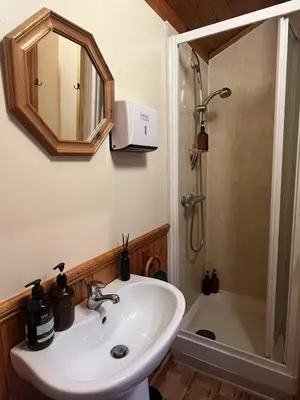 a bathroom with a sink and a shower at Readers Cabin-Cosy Countryside Studio Cabin in Great Sampford
