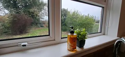 a window sill with a bottle and a plant on it at Comfy 1 bed in the idyllic village of Hemingford Grey in Hemingford Grey