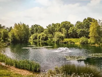 a lake with a fountain in the middle of it at The Barn at Catley Cross House in Little Maplestead
