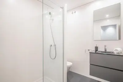 a bathroom with a shower and a toilet and a sink at Apartment Clarke in Cambridge