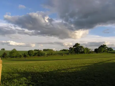 a large green field with a cloudy sky at Oak Tree Farm in Yoxford