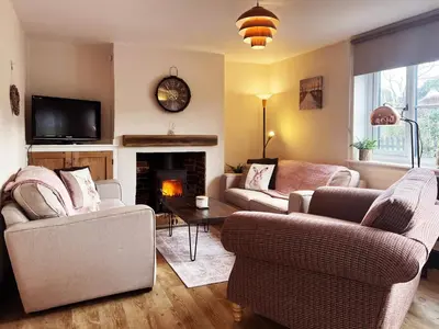 a living room with two couches and a fireplace at Columbine Cottage by The Suffolk Cottage Collection in Middleton
