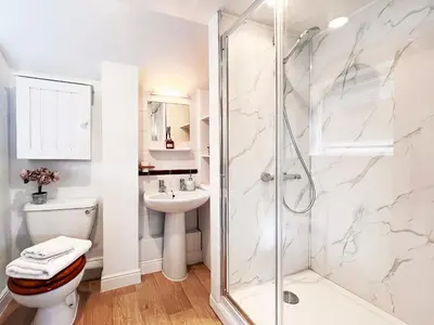 a bathroom with a shower and a toilet and a sink at Columbine Cottage by The Suffolk Cottage Collection in Middleton