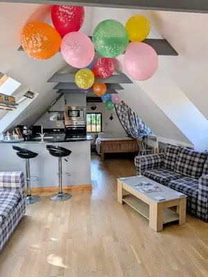 a living room with balloons hanging from the ceiling at Oakwrights in Terling