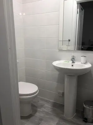 a bathroom with a toilet and a sink and a mirror at Fairways Guest House in Cambridge