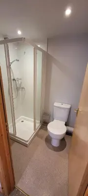 a bathroom with a white toilet and a shower at Alington House in Cambridge