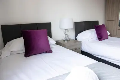 two beds with purple pillows in a hotel room at Friarscroft Lodge Holiday Home in Wymondham