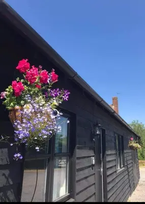 a hanging basket of flowers on the side of a building at Great Sampford B&B Sorrells farm in Hempstead